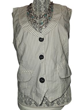 Striped Sleeveless Button Vest in Cream with Black Pinstripes
